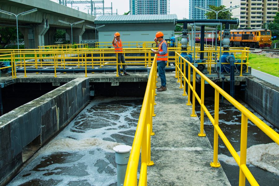Service engineer conducting odour survey at a waste water treatment plant