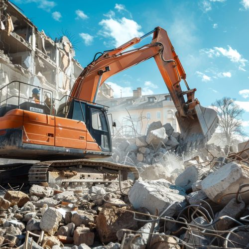 A large orange excavator is digging into a pile of rubble. The scene is ...